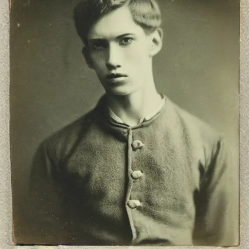 Image similar to tintype photo of alyosha karamazov, handsome young russian student, by julia margaret cameron 1 8 8 0 s, realistic, body shot, sharp focus, 8 k high definition, insanely detailed, intricate, elegant