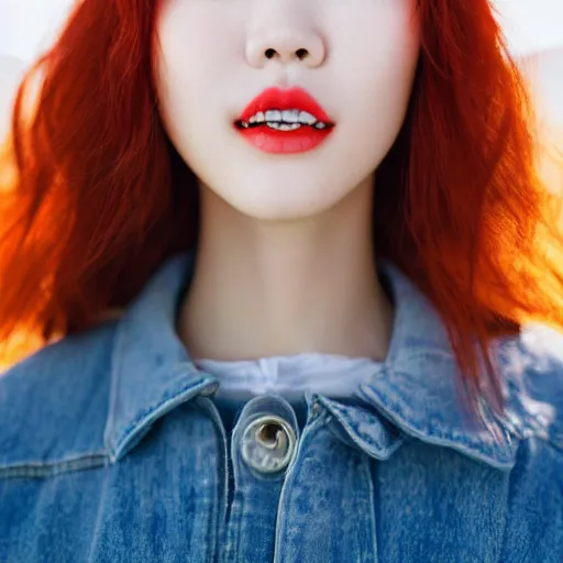 Image similar to Close up photo of the left side of the head of a young beautiful redhead korean woman with gorgeous blue eyes, beautiful white teeth and wavy long red hair, red detailed lips and freckles who looks directly at the camera. Slightly open mouth. Whole head visible and covers half of the frame, with a park visible in the background. 135mm nikon.