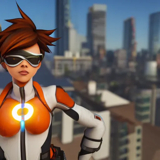 Prompt: tracer, standing on rooftop, 4 k, detailed, smiling at camera, confident stance