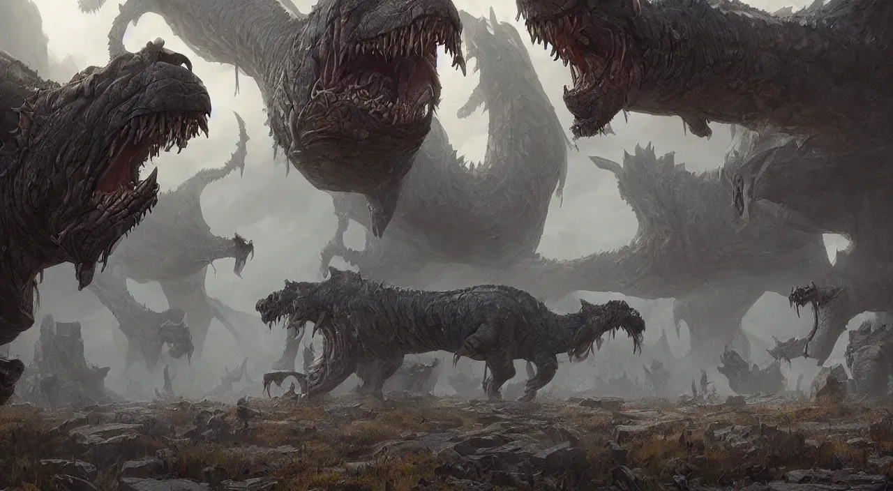 Image similar to indistinct glowing prehistoric beasts surrounded by slate grey walls, insane details, dramatic lighting, unreal engine 5, concept art, greg rutkowski, james gurney, johannes voss, hasui kawase.