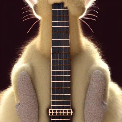 Image similar to cute fluffy caracal playing fluffy guitar, fully detailed, high quality , 4k , octane render , soft light , masterpiece