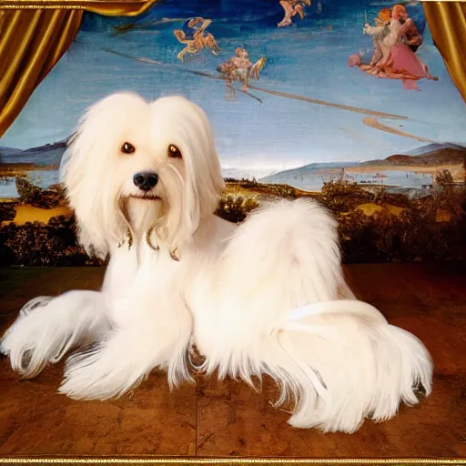 Image similar to a cream - colored havanese laying on top of a plastic sequined horse, a renaissance painting in the background, photo by david lachapelle, behance, transgressive art, renaissance painting, freakshow, official art