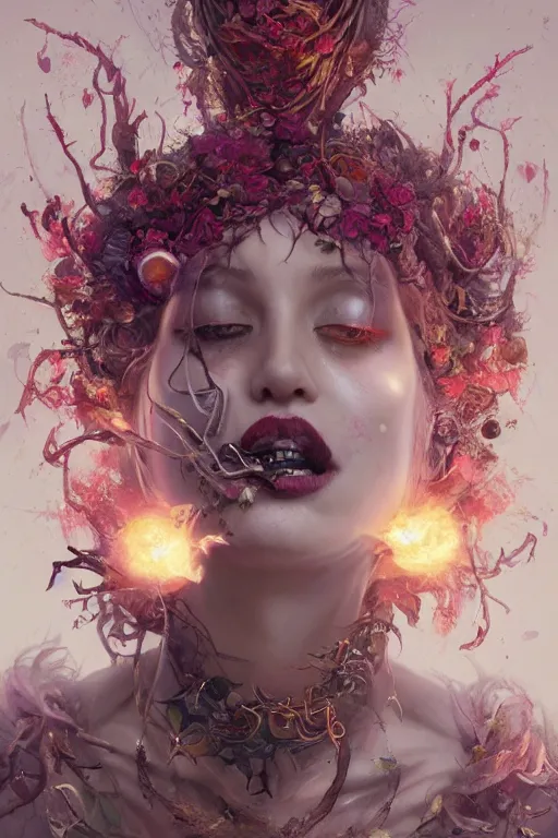 Prompt: face closeup of extremely beautiful girl necromancer, witch - doctor exploding into flowers, face covered with velvet and organic ornaments, angels, 3 d render, hyper - realistic detailed portrait, holding fire and electricity, leaves and magic, ruan jia, wlop. scifi, fantasy, magic the gathering, hyper detailed, octane render, concept art, peter mohrbacher