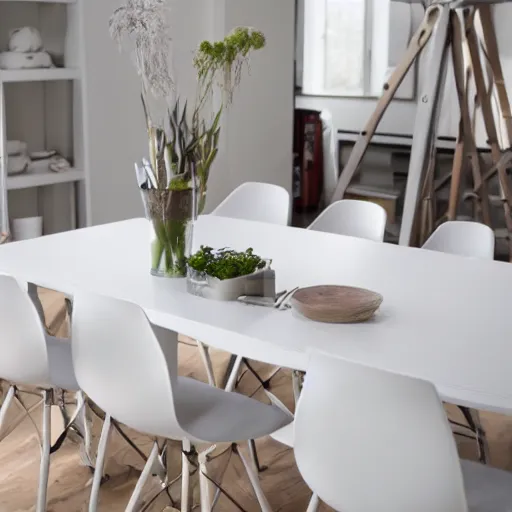 Prompt: a modern fashionable white wooden table design in a white studio environment
