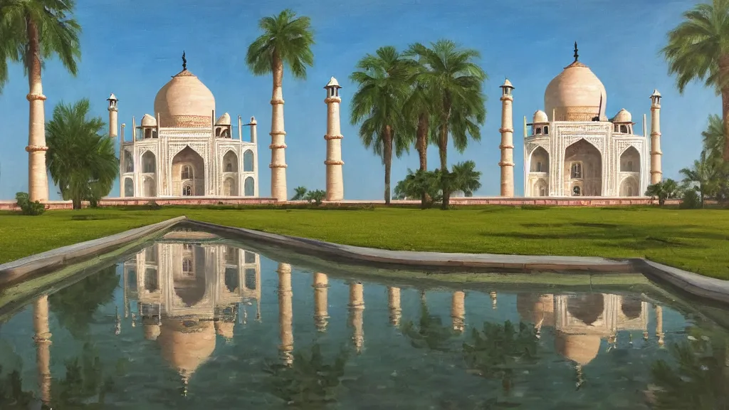 Prompt: an oil painting of the front of a new!! taj mahal, with a small pool in front, exterior view, close - up, mid - day, palm trees, and lush vegetation,!! hieroglyphs on the buildings, ray - traced reflections of the buildings and trees in the water