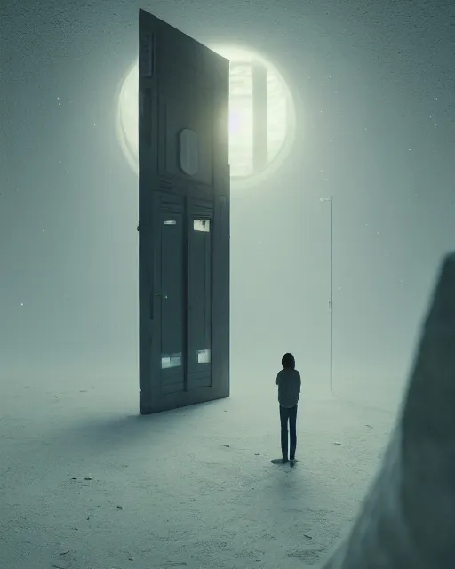 Image similar to a person standing in front of an open door, poster art by mike winkelmann, trending on cg society, space art, sci - fi, ue 5, futuristic, volumetric lighting