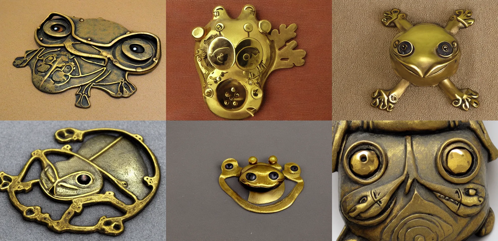 Prompt: symmetrical brass steampunk frog face