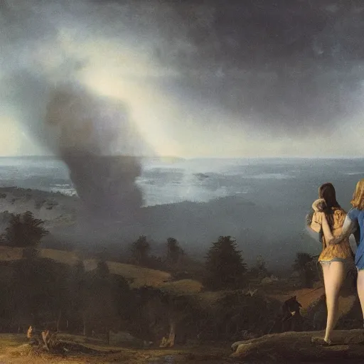 Image similar to a young couple watching the unfolding apocalypse, romantic