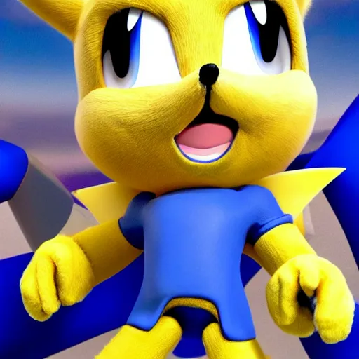 Prompt: a cross between sonic the hedgehog and pikachu