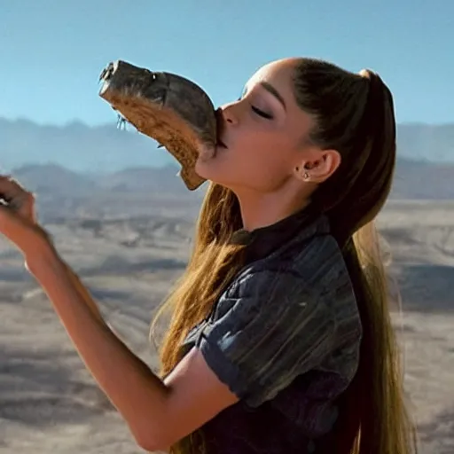 Prompt: ariana grande holding an ancient dinosaur skull in the movie interstellar