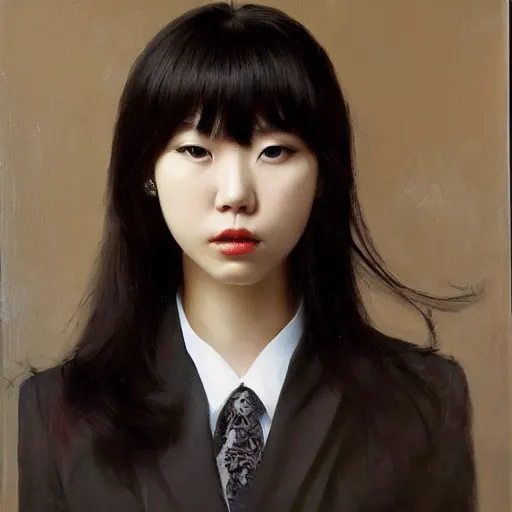 Image similar to portrait of a beautiful korean girl with long hair and bangs, an angry expression, wearing a tuxedo, oil on canvas, elegant pose, masterpiece, Jonathan Yeo painting