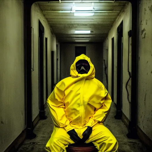 Image similar to a man wearing a yellow hazmat suit inside the very dark lighting empty unsettling creepy backrooms, liminal space, eerie mood, horror movie scene