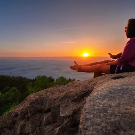 Prompt: two women cuddling while sitting on the edge of a cliff watching the sun set