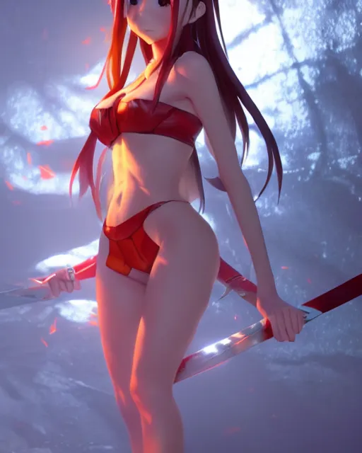 Image similar to pinup photo of asuna from sao in flame dungeon, asuna by a - 1 pictures, by greg rutkowski, gil elvgren, enoch bolles, glossy skin, pearlescent, anime, very coherent, maxim magazine, 3 d, vray, unreal 5, octave rendey, maya