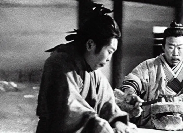 Image similar to a movie still of a samurai slicing through a loaf of bread, a movie by Akira Kurosawa