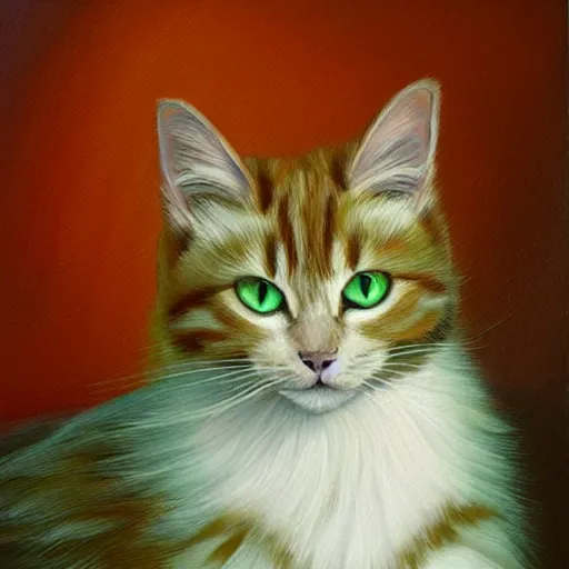 Prompt: oil painting of long - haired light and medium orange cat with green eyes, bushy tail, pointy ears, white whiskers, artistic, elegant,