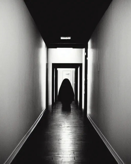 Image similar to an amateur disposable camera picture of a ghost in a hallway