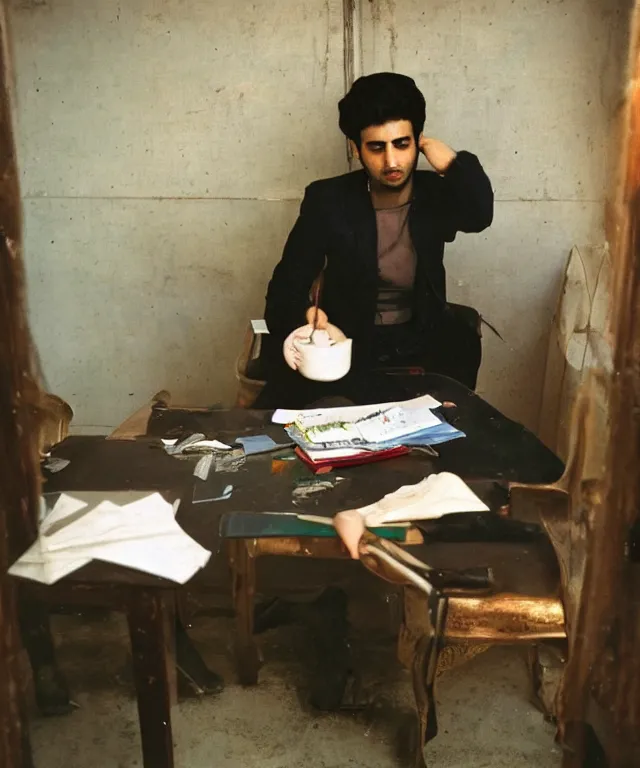 Image similar to a color photograph of persian young man in his workplace, by nan goldin, out of place, intense, bold, exaggerated, over proportion, hyperrealistic, ultra sharp, extra details, ultra high quality, trending on pinteresst