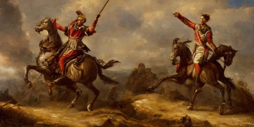 Image similar to Highly detailed and atmospheric Romantic-period oil painting of Julius Caesar riding a horse, dynamic lighting, 8K