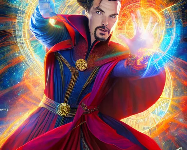 Image similar to margot robbie as doctor strange, colorful spells, fantasy art, in the style of Fernando Juarez, illustration, epic art, fantasy, intricate, elgant, amazing detail, digital painting, artstation, concept art, smooth, sharp focus