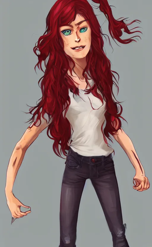 Image similar to full-body shot of an attractive tomboy girl with long, crimson red hair and red eyes, wearing a dark red shirt and green jeans with a stern look, concept art, character design