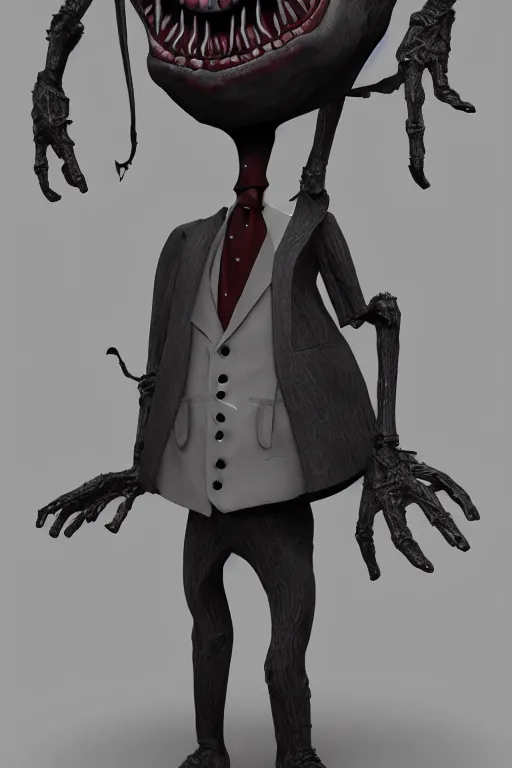 Image similar to creepy demon in a suit, tim burton, detailed, highly detailed, concept art, artstation, comic aesthetic, creepy aesthetic, toon shading, cel shading, substance designer render, substance designer,