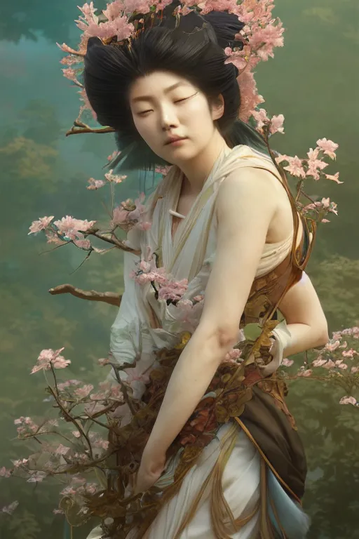 Image similar to Japanese goddess of nature, accurate anatomy, only two hands, highly detailed, digital painting, artstation, concept art, smooth, sharp focus, illustration, Unreal Engine 5, 8K, art by Ross Tran and greg rutkowski and alphonse Mucha