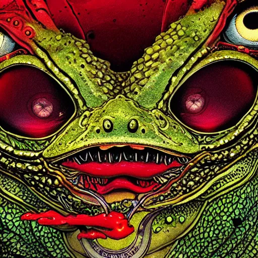 Image similar to portrait closeup of crazy pepetgte frog, symmetrical, cinematic colors, by yoichi hatakenaka, masamune shirow, josan gonzales and dan mumford, ayami kojima, takato yamamoto, barclay shaw, karol bak, yukito kishiro