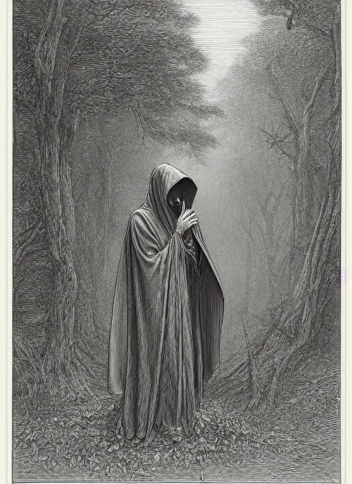 Image similar to faceless grim reaper with veil over face at far distance in beautiful forest, detailed pencil illustration by gustave dore, highly detailed, centered, high resolution, smooth, sharp focus, illustration