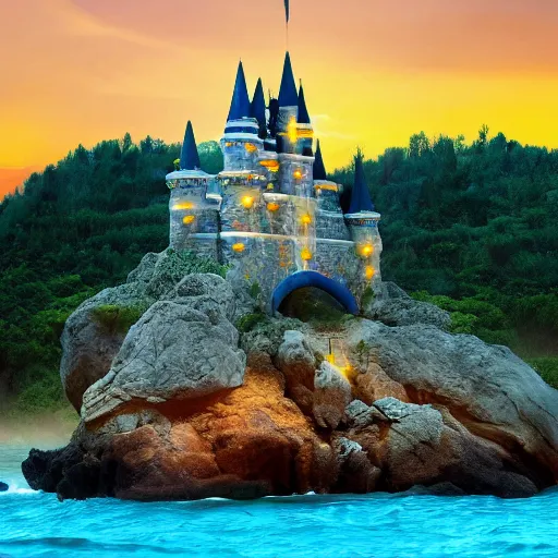 Image similar to Fantasy Castle on island surrounded by waves at sunset