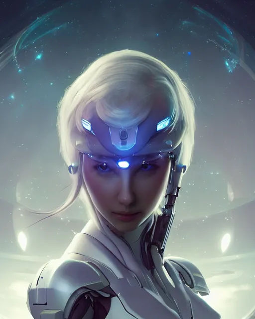 Image similar to perfect android girl on a mothership, warframe armor, beautiful face, scifi, futuristic, galaxy, nebula, raytracing, dreamy, long white hair, blue cyborg eyes, sharp focus, cinematic lighting, highly detailed, artstation, divine, by gauthier leblanc, kazuya takahashi, huifeng huang