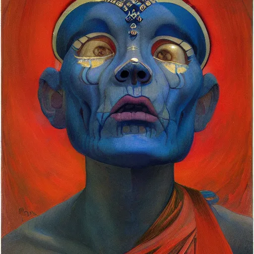 Image similar to the bone crown, by Annie Swynnerton and Nicholas Roerich and Diego Rivera, blue skin, elaborate costume, geometric ornament, rich color, dramatic cinematic lighting, smooth, sharp focus, extremely detailed