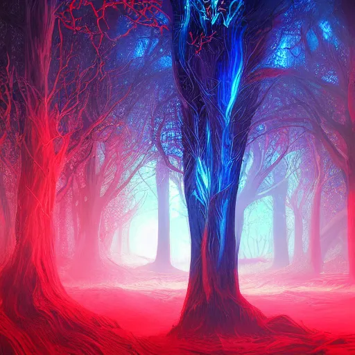 Image similar to portrait of an ethereal forest made of blue and red light, divine, cyberspace, mysterious, dark high-contrast concept art