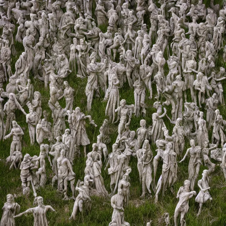 Prompt: army of bloody marble statues in a field of grass, film photo, soft lighting album cover, nostalgia, gradient
