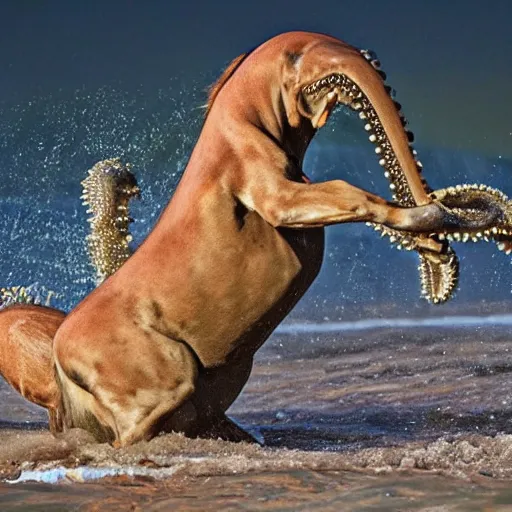 Image similar to National Geographic photo of horse full of octopus being eaten by African hunting dogs