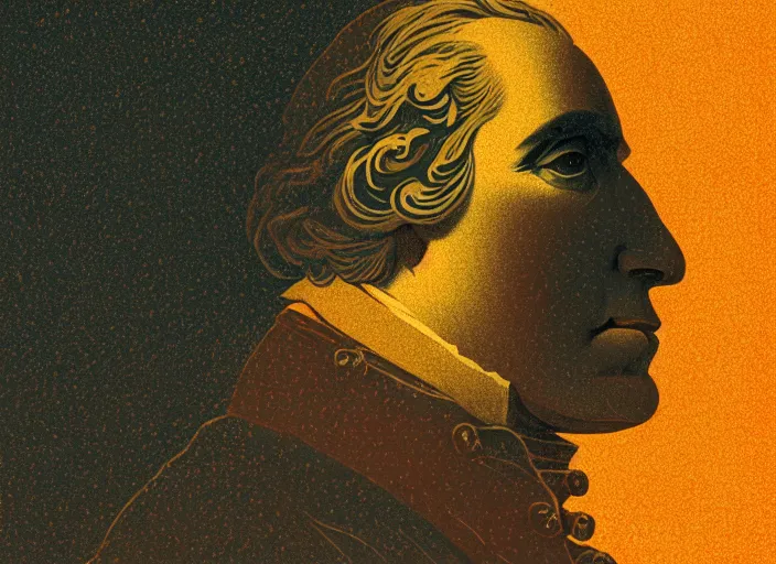 Image similar to portrait of george washington, colorful, mads berg, karolis strautniekas, christopher balaskas, stippled light, low fog, moody, fine texture, editorial illustration, dramatic lighting, dynamic composition, detailed, matte print, muted color, ( ( victo ngai ) ), wide angle ( ( sunbeams ) )