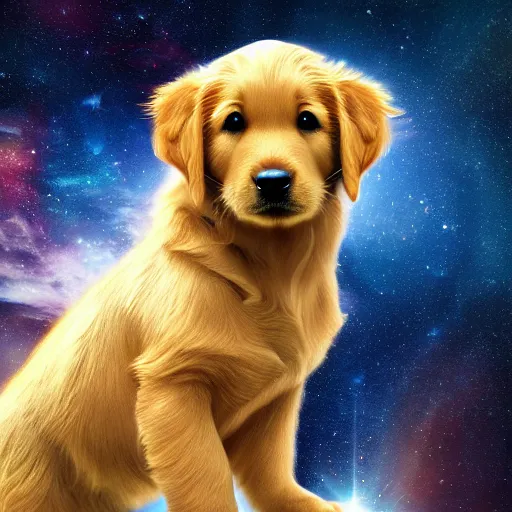Image similar to photorealistic photograph of a golden retriever puppy in a spacesuit floating through the cosmos, realism, 4k