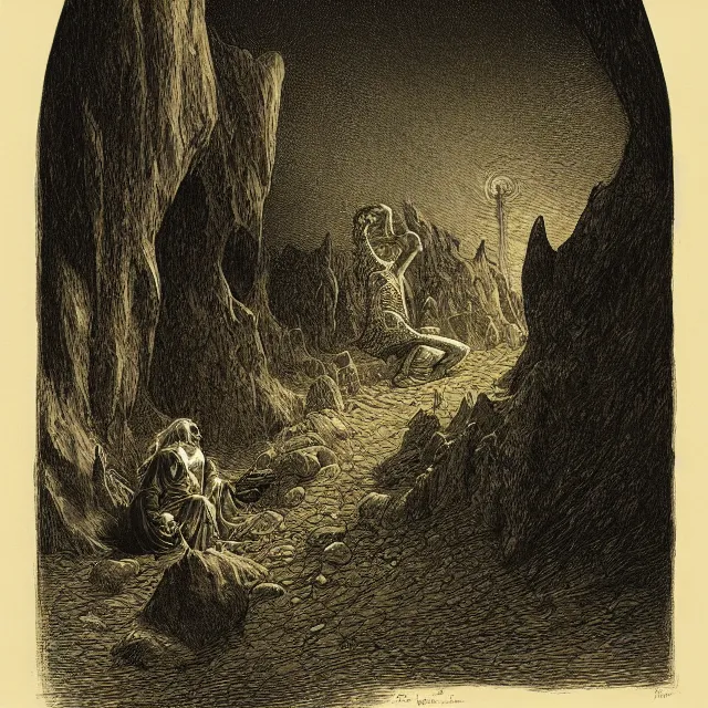 Image similar to etching by Franklin Booth and Gustav Doré showing frightened sorcerer in the desert by night, surrounded by nightmares in the shadows, mystic athmosphere, by Greg Rutkowski, deformed rocks, snakes, scorpions, UHD, 8K,