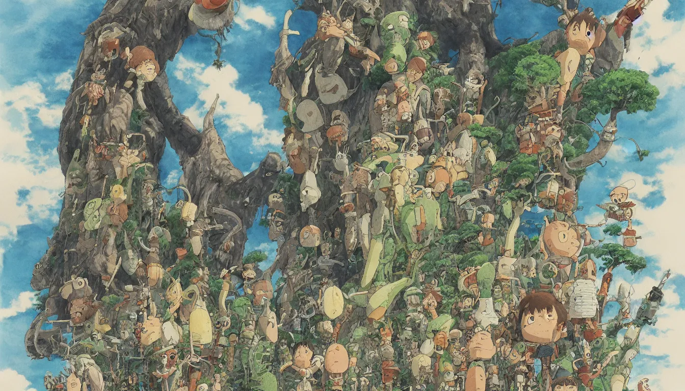 Image similar to land of the giants, larger than life, high detail, painting, watercolor, concept art, studio ghibli, by hayao miyazaki
