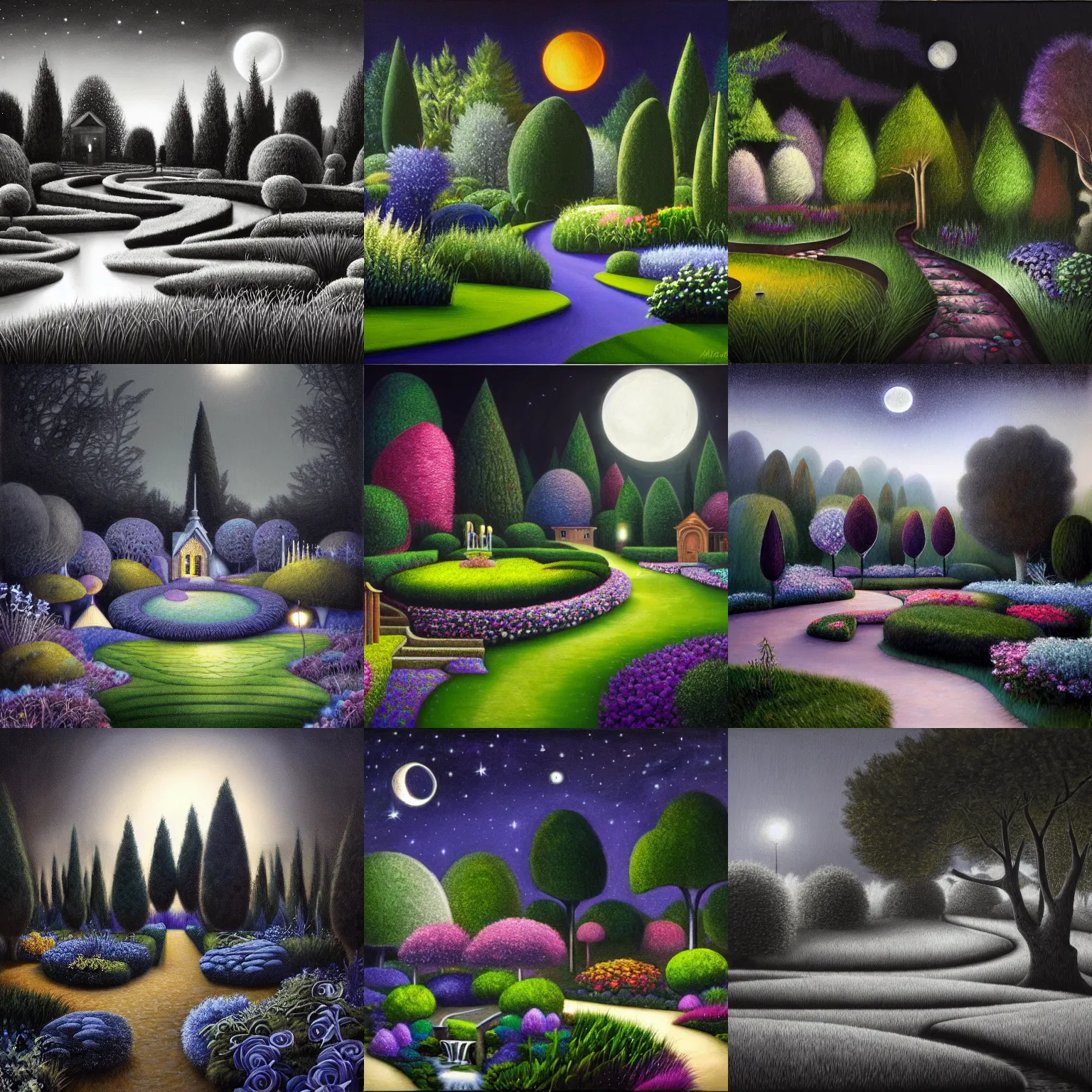 Prompt: a gorgeous, fantastic, magic night garden landscape by michael kidd, trending on artstation, deviantart, black and white, oil on canvas, reduced colors, darker, low contrast