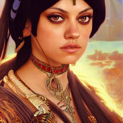 Image similar to a closeup portrait of a young mila kunis as cleopatra, gorgeous view, pyramid background, masterpiece, illustration by artgerm and greg rutkowski and alphonse mucha, digital art, trending on artstation