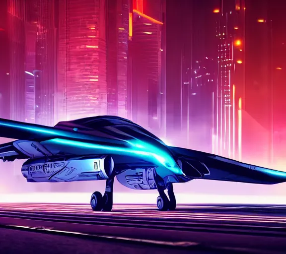 Image similar to futuristic sci fi jet lands at runway of cyberpunk city, night photo ,cinematic lighting , digital concept art