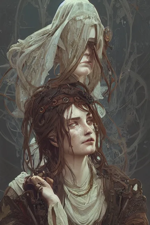 Prompt: A full portrait of a beautiful post apocalyptic celtic blind soothsayer, intricate, elegant, highly detailed, digital painting, artstation, concept art, smooth, sharp focus, illustration, art by Krenz Cushart and Artem Demura and alphonse mucha