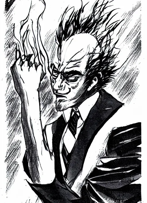 Prompt: heihachi dressed formally, smoking a cigar in the style of keisuke itagaki, manga illustration