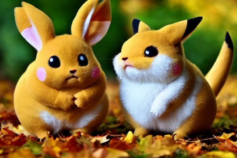 Image similar to real life raichu pokemon, cute!!!, adorable!!!, playful!!!, fluffly!!!, happy!!!, cheeky!!!, mischievous!!!, ultra realistic!!!, autumn, clear weather, golden hour, sharp focus