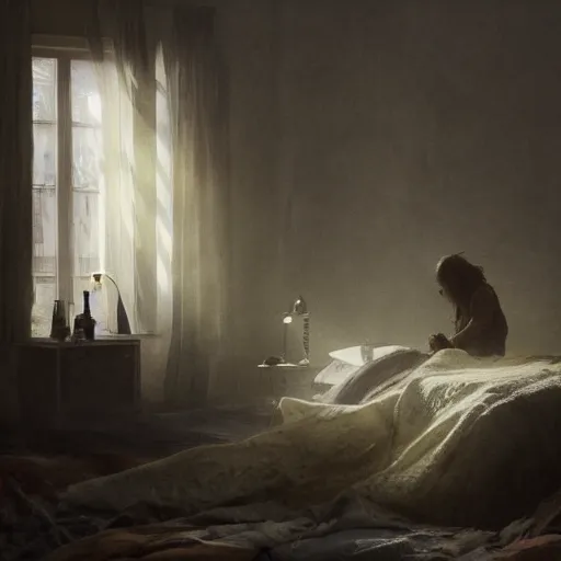 Image similar to shadow figure watching a person sleeping in bed at night, volumetric lighting, 8 k octane beautifully detailed render, post - processing, extremely hyper - detailed, intricate, epic composition, cinematic lighting, masterpiece, trending on artstation, detailed detailed detailed, masterpiece, stunning art by anders zorn, wonderful masterpiece by greg rutkowski, beautiful cinematic light,