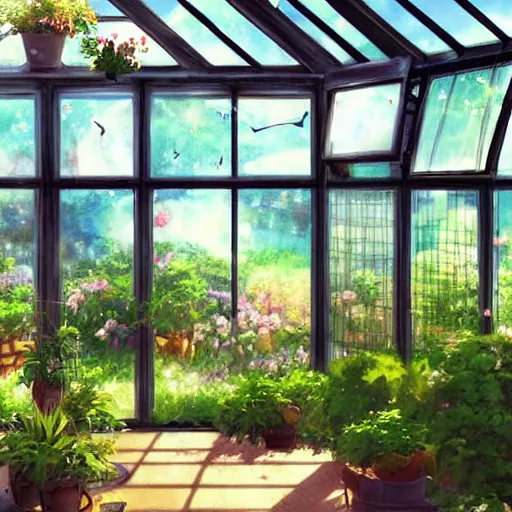 Prompt: a heavenly dream view from the interior of my cozy greenhouse filled with exotic and numerous plants from a Makoto Shinkai oil on canvas inspired pixiv dreamy scenery art majestic fantasy scenery cozy window frame fantasy pixiv scenery art inspired by magical fantasy exterior