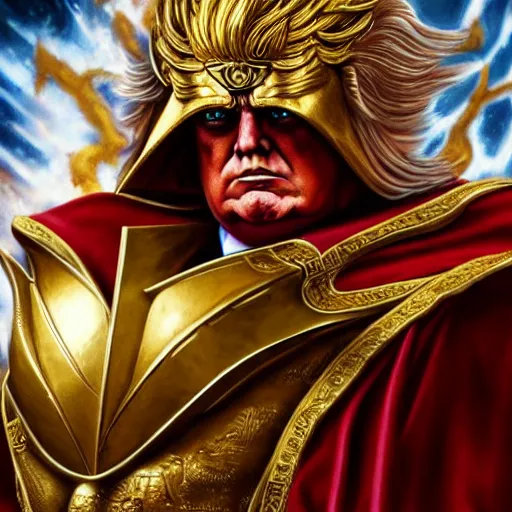 Prompt: Donald Trump as the god-emperor of mankind, he wears his golden armor, epic full shot, cinematic lighting, oil painting, award winning on Artstation, hyper detailed, hyper realistic, righteous wrath on his face, by Michelangelo