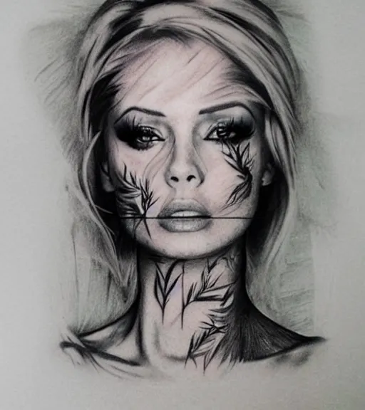 Prompt: realism tattoo sketch of a isabelledeltore face double exposure with nature, in the style of matteo pasqualin, amazing detail, sharp, faded