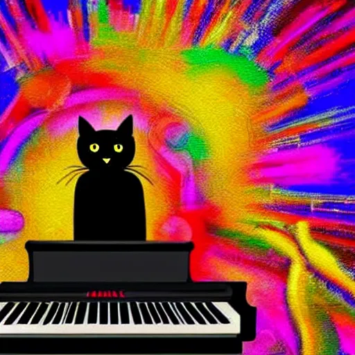 Prompt: a black cat playing the piano against a psychedelic background high detail